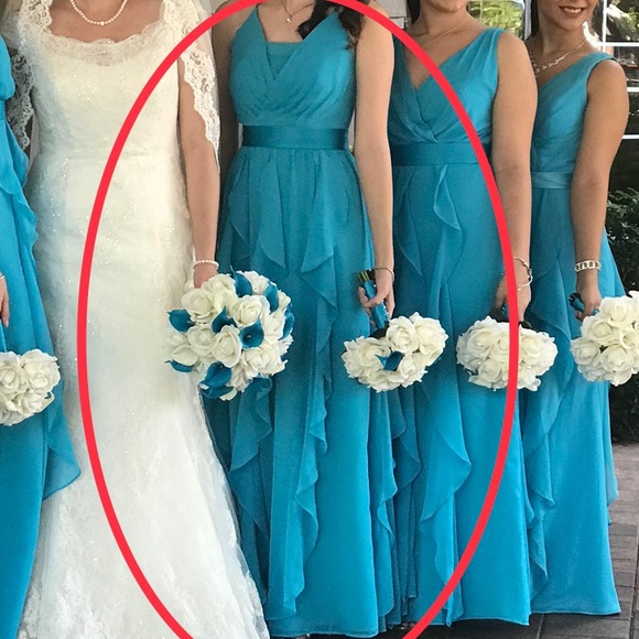 David’s Bridal EUC Chiffon Bridesmaids Floor-Lengthed Dress with Cascading Skirt - Picture 3 of 8